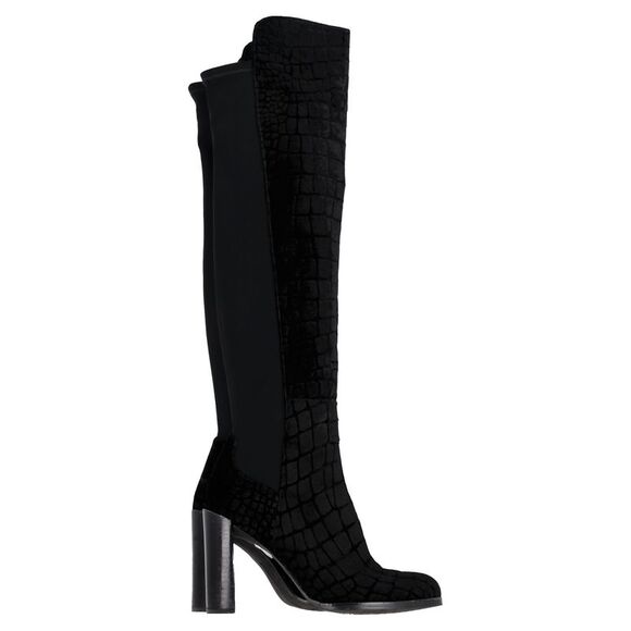 Stuart Weitzman Crocodile-Embossed Knee-High Heeled Boots in Black Velvet - Picture 1 of 12